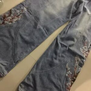 Vintage Cherry Blossom Black Knight Embroidery Jeans Y2k